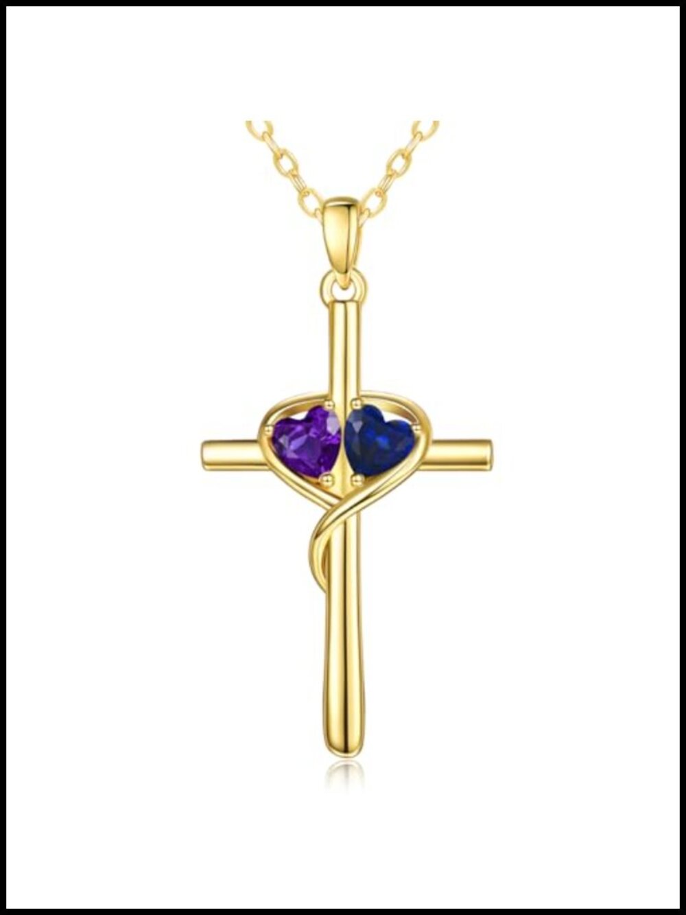 14K Gold Toned Heart Cross Pendant Necklace with Dual Birthstones